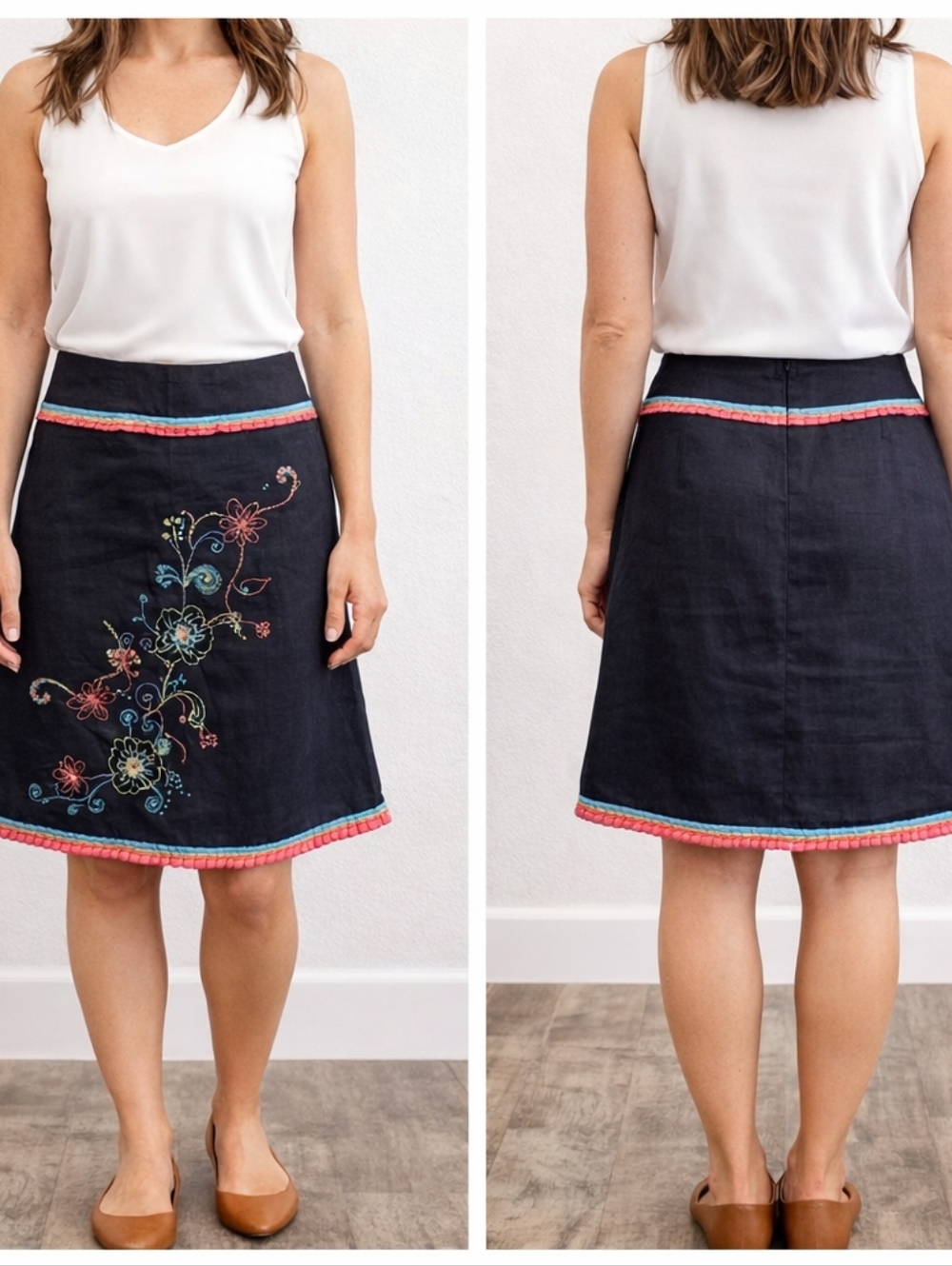 Carole Little Embroidered Skirt Size 4 Black Linen Blend Floral Boho Business Ca